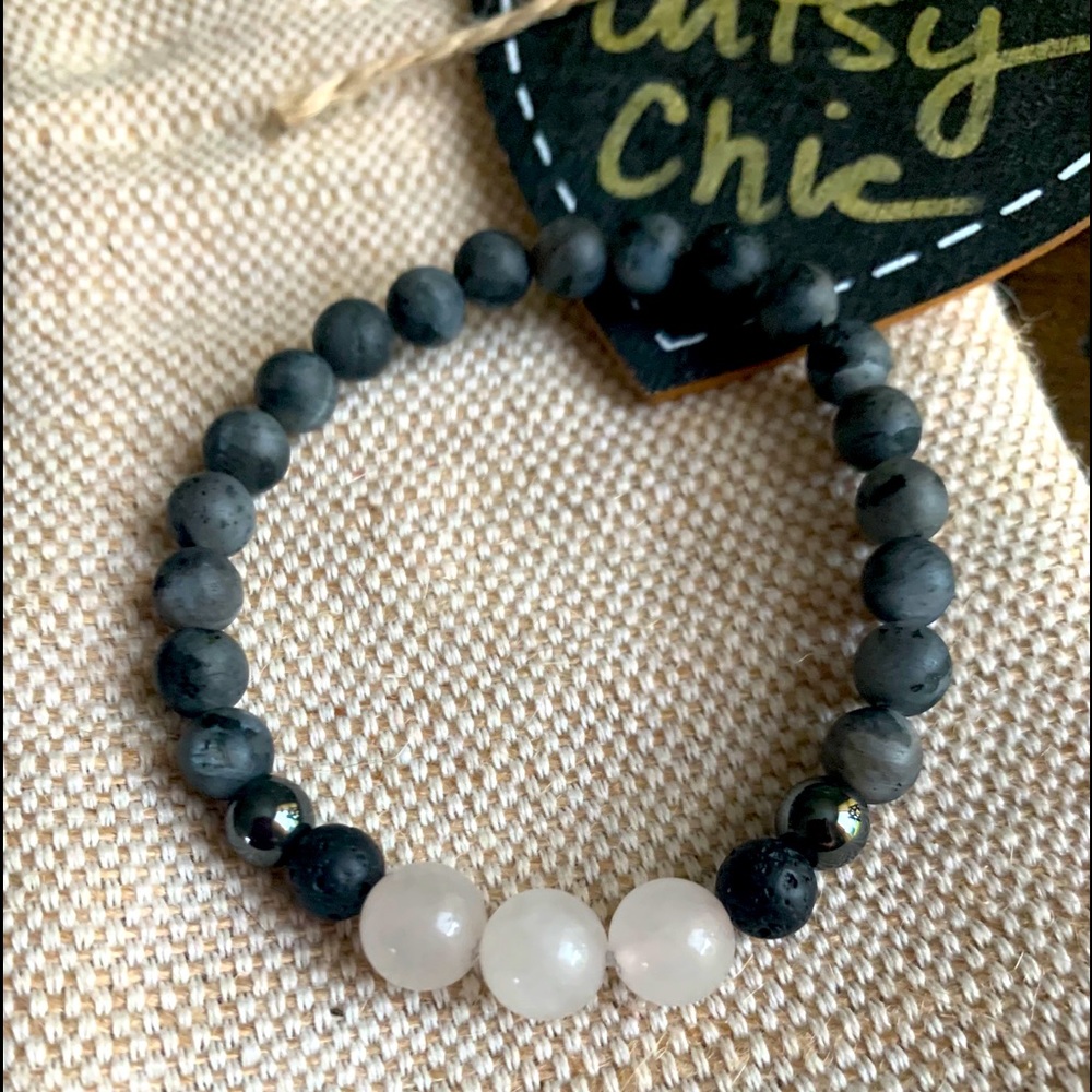 Lava/White Quartz/Hematite Gemstone Healing Bracelet. Oil Diffuser Bracelet/